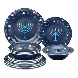 UPware 12 Piece Hanukkah Menorah Melamine Dinnerware Sets, Outdoor Dishes Set, Plates and Bowls Sets, Hanukkah Decorations, Service for 4, Indigo Blue