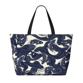 NLZI Beach Bag for Women Fish Print Beach Tote Bag Waterproof Sandproof Large Bags with Zipper Big Capacity for Travel