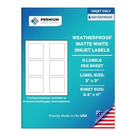 Premium Label Supply Waterproof Matte White Sticker Square Labels – 3" x 3" – Inkjet Printers Only – (6 per Sheet), 25 Sheets - 150 Total Adhesive Labels