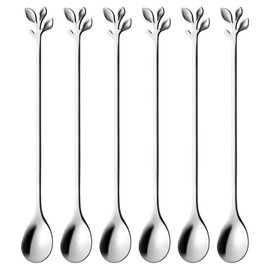 AnSaw 6-Piece Elegant Silver Leaf Long Handle Teaspoons - 7.4" Stainless Steel Stir Spoons for Coffee & Tea, Perfect for Mixing & Stirring
