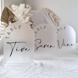 JINMURY Frosted Arch Wedding Table Numbers 1-10 with Stands, 5x7 Inch Frosted Arch Acrylic Sign with Black Letters, Frosted Arch Acrylic Table Numbers for Wedding Reception (Frosted Table Numbers1-10)