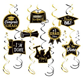 Graduation Decorations 2025-14 Pack Hanging Swirls for Graduation Party, Gold & Black Curly Ribbons for High School College Graduation Ceremony Decor, Photo Booth Backdrop Decoration