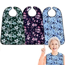 HUAXITRA Adult Bibs for Women, 3 Pack Washable and Reusable Waterproof Adult Bib, Dinning Bibs For Adults Clothing Protector with Optional Crumb Catcher Cherry Blossoms