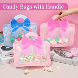 Pineraap 12 Pieces Bow Goodie Bags Cute Bow Candy Treat Bags with Handle Waterproof Reusable Gift Storage Bags for Birthday Party Baby Shower (Pink)