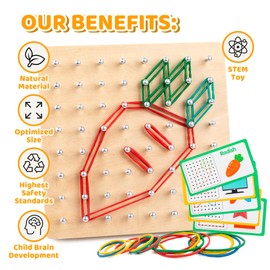 Montessori Wooden Geoboard for 3-5 Year Olds - Toddler Educational STEM Toy with 30 Double-Sided Pattern Cards & 40 Rubber Bands, Brain Teaser for Creating Shapes/Figures, Learning Toy for Kids