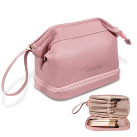 BOXTOHEART Large Makeup Bag,Double Layer Cosmetic Bag, Waterproof Leather Makeup Bag, Cosmetic Travel Bags,Portable Leather Toiletry Bag,Roomy Cosmetic Bag for Women and Girls. (Pink)