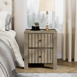 WAMPAT Farmhouse End Table with Charging Station, Vintage Grey Sofa Table with 2 Stoarge Drawers for Living Room, Side Table with USB Ports Outlets for Bedroom