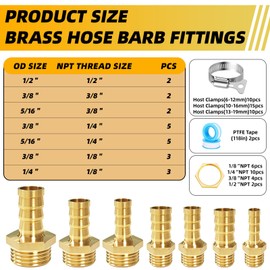 79Pcs Brass Hose Barb Fittings kit，Air Hose Fittings with Clamps and Hex Flange Lock Nuts, 1/4 5/16 3/8 1/2 Barb to 1/8 1/4 3/8 1/2NPT Male Thread, Air Hose Connector Water Fuel Air Line Fittings