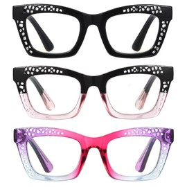 bullabulling 3 pack Oprah style Spring hinge Readers Blue Light Blocking Computer Square Reading Glasses for Women Men (Black/Blackpink/Purple rose, 1.75)