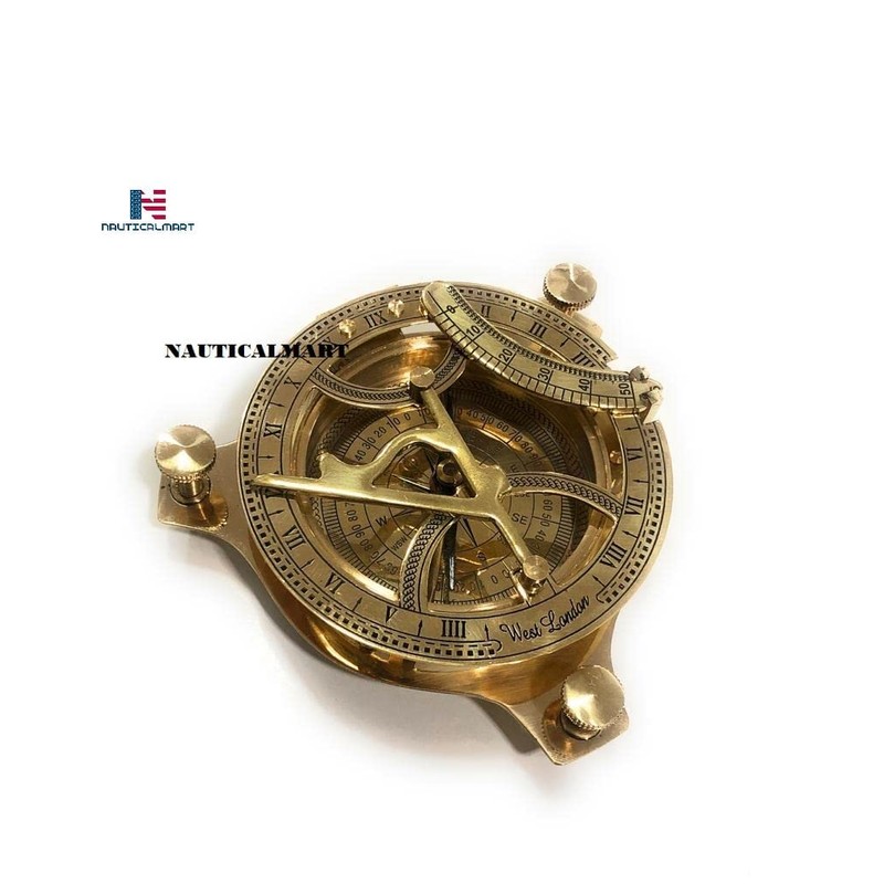 Captain Brass Sundial Compass with Hardwood Wooden Box Nauticalmart