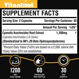 Beta Ecdysterone Supplement 1200mg | Increases Lean Muscle Mass, Exercise Performance, Strength and Protein Synthesis, 98% Maximum Purity Formulated for Enhanced Absorption 60 Capsules|1 Month Supply