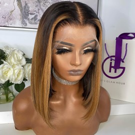 QTIKER 13X4 Deep Part HD Highlight 27 Colored Short Bob Lace Front Wigs Honey Blonde Lace Front Wig Human Hair Brazilian Invisible Lace Front Wigs Pre Plucked With Baby Hair (12 INCH, 27 BLONDE)