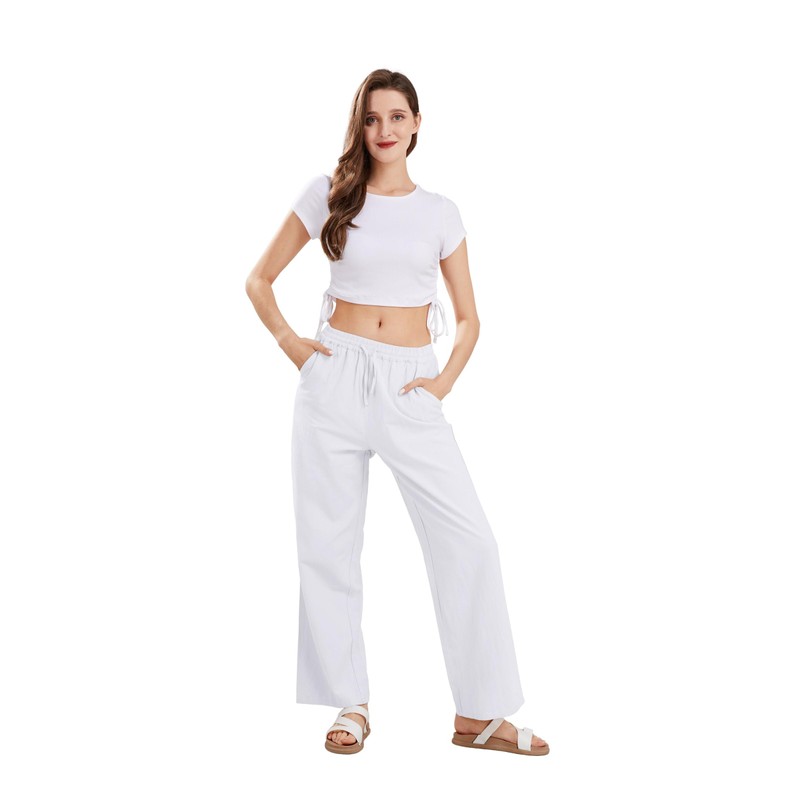 CHARTOU Women's Summer Drawstring Waist Wide Leg Loose Cotton Linen
