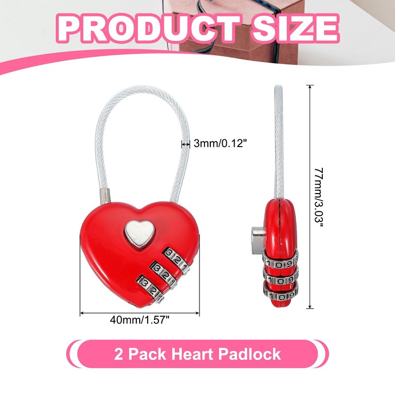 MECCANIXITY Heart Padlock, 3 Digit Combination Lock Heart Shape Mini