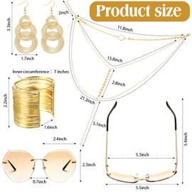 Set de Discoteca de los 70 Gafas de Sol con Montura de Diamante sin Montura Accesorios de Disco Pulseras de Alambre de Bobina de Metal Collar Gargantilla en Capas Pendientes de Remolino Triple de Oro