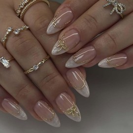 24Pcs Press on Nails Short Almond with Golden Bow French Tip Design-LINMEIZAI Fake Nails Press ons Nail Tips Glue on Nails Full Cover Acrylic Nail Kit False Nails Stickers Nail Art for Women Manicure