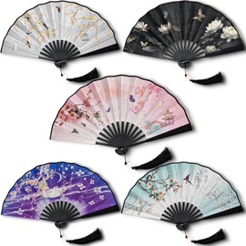 5PCS Foldable Hand Fan for Line Dancing, Silk Fans, Popping Fan, Boots on The Ground Fan, Cosplay & Decor | Vintage Floral Tassel Fans for Women/Men/Kids