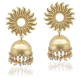Moonstruck Traditional Indian Dome Shaped Lightweight Golden Jhumka/Jhumki Earrings With Pearls for Women (Gold)