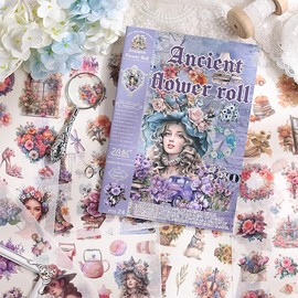 BOMICHI Vintage Aesthetic Washi Stickers Book, 24 Sheets Die-Cut Sticker Book with Ancient Flower Roll Theme for Phone Scrapbook Junk Journal Collage DIY Crafts