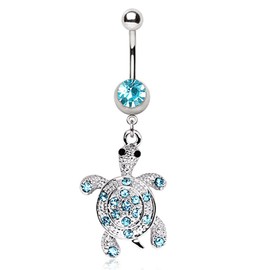 Pierced Owl Dangling Turtle with Aqua Gem Belly Button Ring in 316L Stainless Steel with CZ Crystal Accents