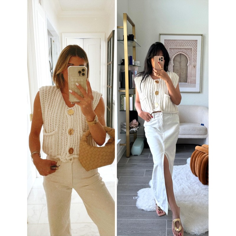 Hvewarm Womens Casual Chunky Knit Vest Gold Button Down Crop