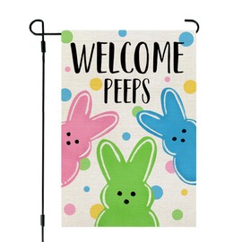 CROWNED BEAUTY Easter Welcome Peeps Garden Flag 12x18 Inch Double Sided for Outside Small Burlap Holiday Bunny Yard Flag