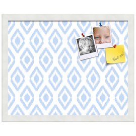 PinPix 19x15 inch Cork Bulletin Board. This Decorative Framed Pin Board Comes with Ikat Light Blue Design and Satin White Frame. Ideal for Home, Office Decor or School (PinPix-1633)