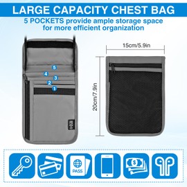 Neck Pouch Chest Bag with RFID Protection, Unisex Waterproof Travel Wallet, Anti-Theft Chest Pocket, Adjustable Travel Security Pocket for Passport, Credit Cards, Money, Men, Women, Grey