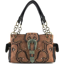 Justin West Patina Girl Western Bronze Floral Buckle Handbag Purse Tote and Strap Wallet (Brown Handbag Only)