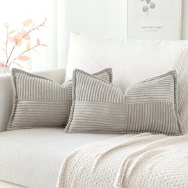 Artscope Corduroy Cushion Covers Pack of 2 Modern Patchwork Throw Pillow Covers Soft Pillowcase Broadside Decorative Textured Cushions for Home decor Sofa Bedroom Couch Light Gray 40x60cm