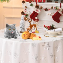 Alishomtll Christmas Tablecloth Table Cover Waterproof Table Cloth Round Wipe Clean, Silver Snowflake Xmas Washable Tablecloth for Holiday Dinner Kitchen Party New Year, Diameter 57in/146cm
