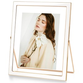 Axeman 8x10 Gold Floating Frame White Enamel Picture Frame with Metal Edge for 6x8, 5x7 up to 8x10 Photo Double Glass Floating Picture Frame for Desk Tabletop Shelf Vertical Display