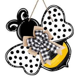 Deroro Bumble Bee Spring Summer Front Door Sign, Polka Dot Farmhouse Wood Door Hanger Outdoor Outside Porch Decor, Wooden Wreath with Buffalo Plaid Check Bow Indoor Wall Hanging Decoration