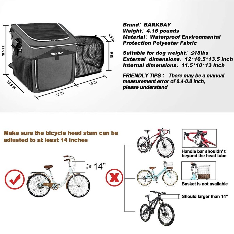 BARKBAY Dog Bike Basket Carrier, Expandable Foldable Soft-Sided Dog Carrier,