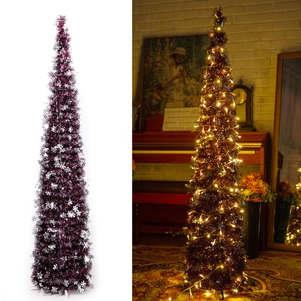 Pop-Up Artificial Christmas Tree with 100LED Lights ,Collapsible Pencil Christmas