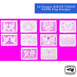 Cartel de papel picado blanco (paquete de 5 – 10 diseños de bandera de papel tisú por bandera/no plástico) – Banners mexicanos blancos para fiestas y bodas – Decoraciones de fiesta temática mexicana –