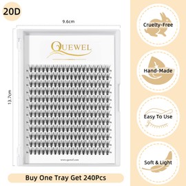 QUEWEL Cluster Lashes 240Pcs Individual Lashes 20D 0.07C Curl 14mm Knot-Free Lash Extensions Clusters Lashes Soft&Natural False Eyelashes Individual DIY Eyelash Extension at Home(20D 0.07C 14)