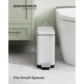 SONGMICS Bathroom Trash Can, 2.6-Gallon (10 L) Trash Bin with Lid, Slim for Small Spaces, Stainless Steel Garbage Can, Soft Close, White ULTB562W01