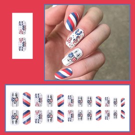 Coffin Press on Nails Medium Length 4th of July Fake Nails American Flag Lovely Designs Full Cover Glue on Nails Independence Day False Nails Patriotic Nail Art Supplies Acrylic Nails for Women 24Pcs