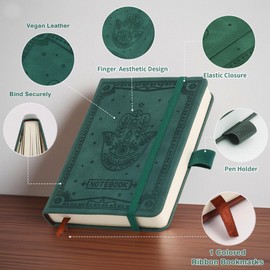 Inner Pocket Notebook Lined Journal 4X 6 Hardcover Leather Notebook 288Page Finger Aesthetic Bound Record College Ruled Reading Diary Notepad For Travel Work School Office Writing Gifts -Green