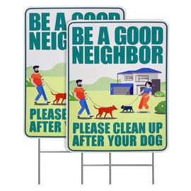 Clean Up After Your Dog Signs with 2pcs Metal H Stakes, 12"x9" Be a Good Neighbor No Pooping Dog Signs For Yard, Home/Outdoor