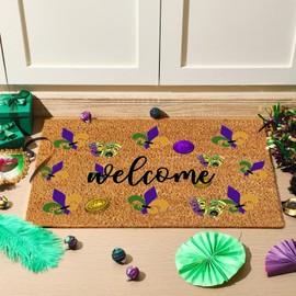 Ceenna Summer Back to School Natural Coir Door Mat Outdoor Rug Summer Welcome Doormat Independence Day Non-Slip Mat for Front Porch Entryway Outside, 16 x 28 Inches(Mardi Gras)