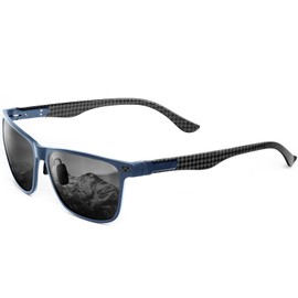 QALLY Carbon Fiber Polarized Sunglasses for Men Trendy Driving Sunglasses Shady Sun Glasses with UV Protection, Dark Blue Frame/Black Lens