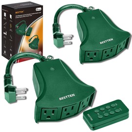[2 Pack] BESTTEN Wireless Outdoor Remote Control Outlet Switch with 6-Inch Heavy Duty Power Cord, 3 Grounded Outlets, 15 Amp Electrical Plug, Weatherproof, ETL Certified, Green