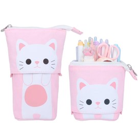EDATOFLY Telescopic Pencil Case, Cute Standing Pencil Case Retractable Telescopic Pen Pouch Small Pencil Case Stand Up Pencil Case Pencil Bag Pencil Pouch for Girls Boys Kids (White Cat)