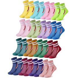 Chicingyou 16 Pairs Kids Crew Socks with Stripes Colorful Girls Cotton Athletic Sport Breathable Socks for indoor Outdoor(5-8 Years)