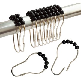 Shower Curtain Hooks Rings Stainless Steel Shower Hooks Black Acrylic roller Balls Rustproof Heavy Duty for Bathroom Curtain(Black)