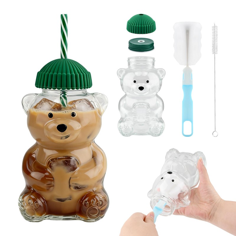 Cute Bear Glass Tumbler with Lid and Straw, 20oz 500ml