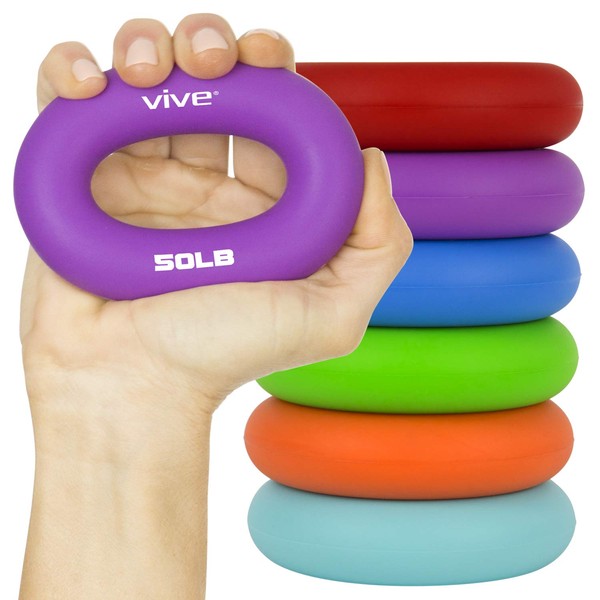Vive Grip Strengtheners (6 Pack) - Forearm Ring Hand Exercisers - Silicone Squeezer Gripper for Muscle Strengthening Training Tool - Arthritis Finger Physical Therapy PT Kit Trainer