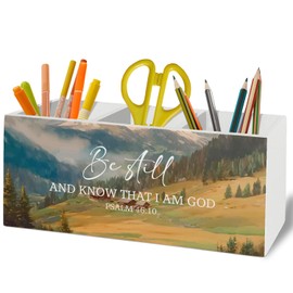 XLDLIOO Christian Pen Pencil Holder Organizer for Desk Accessories, Be Still Psalm 46:10 Bible Verse Scripture Wooden Box Sign Desk Decor for Home Bedroom Office Decoration, Christian Gifts for Women